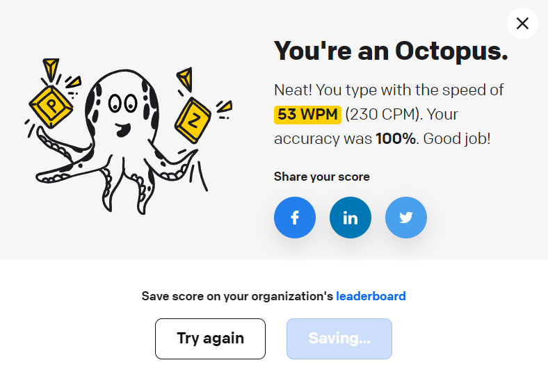 Typing speed test result showing 53 words per minute and 100 percent accuracy.